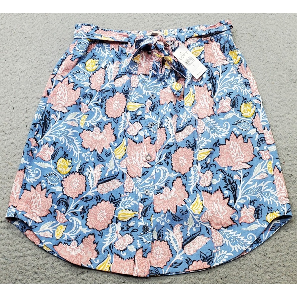 Ann Taylor LOFT Mini Skirt Womens S Multi Floral Lined Belted Waist Button Front